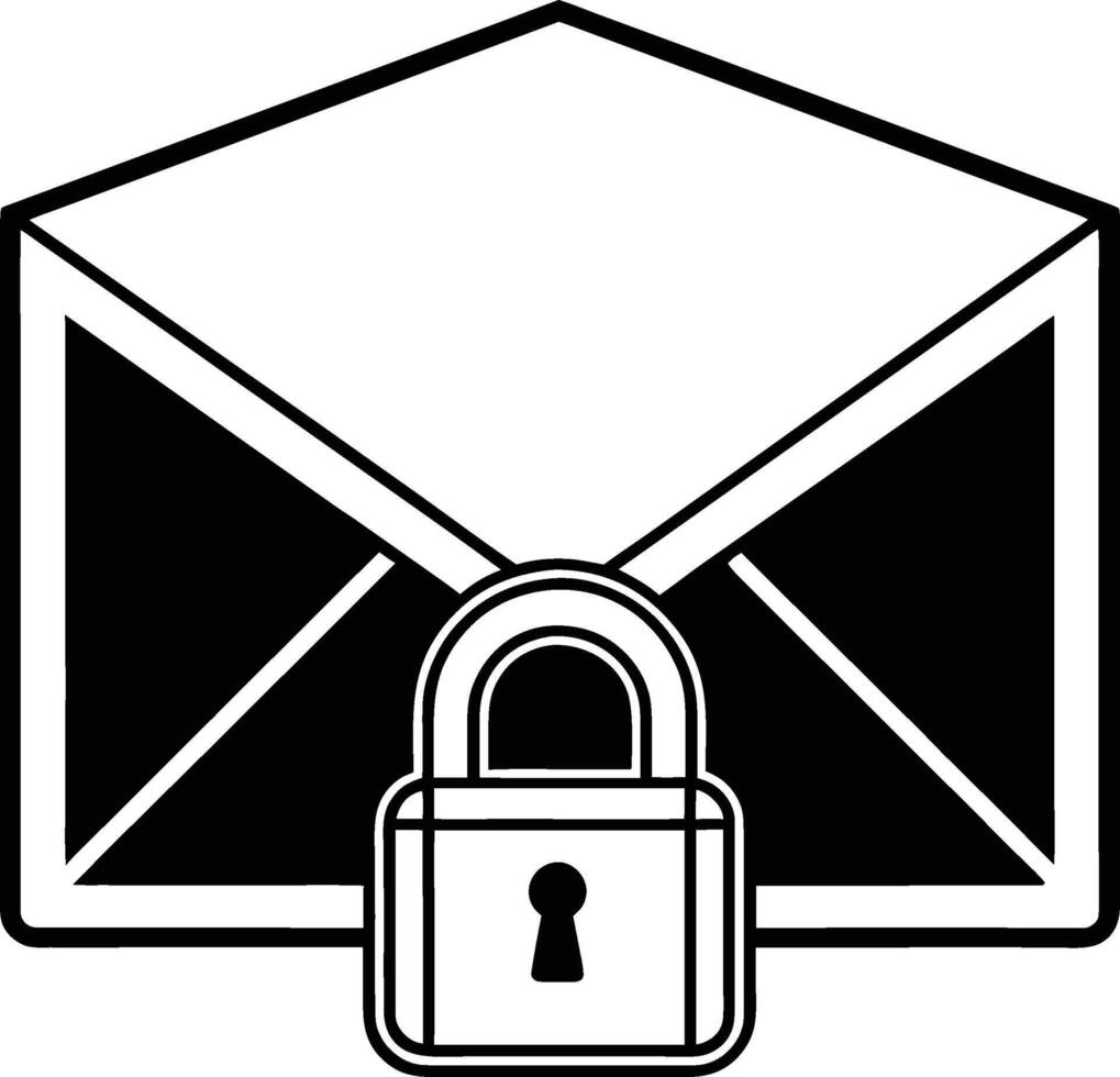 Black and white silhouette of an envelope with a padlock in front isolated on white background vector