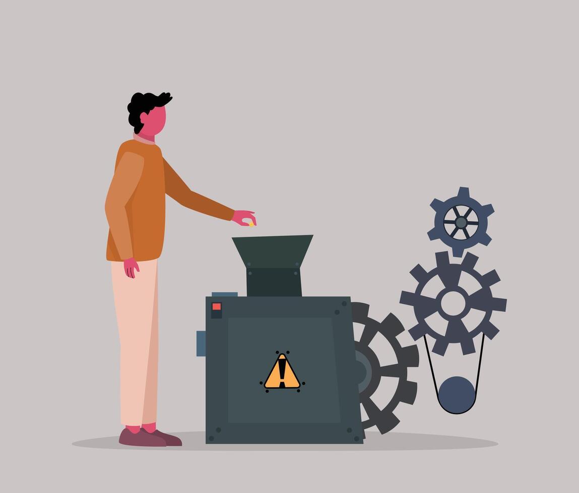 Man operating industrial shredder machine with gears and warning sign vector