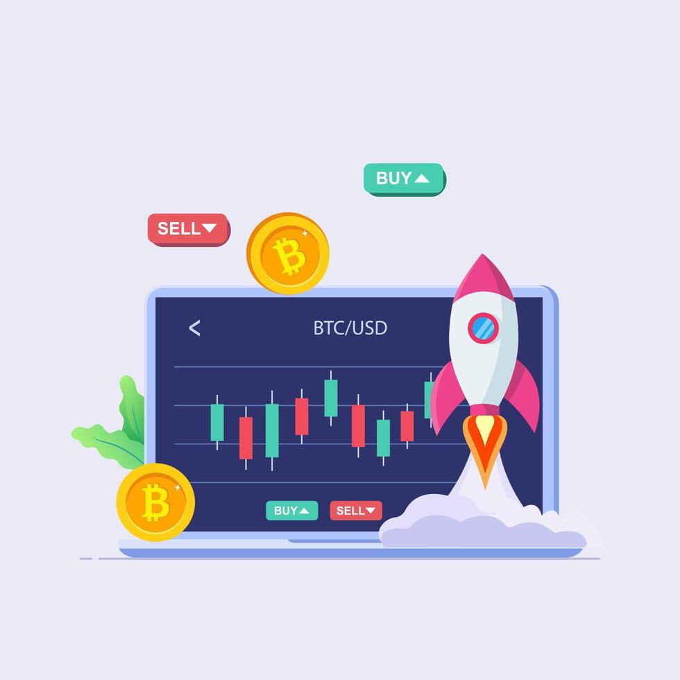 Bitcoin trading chart with rocket illustration vector