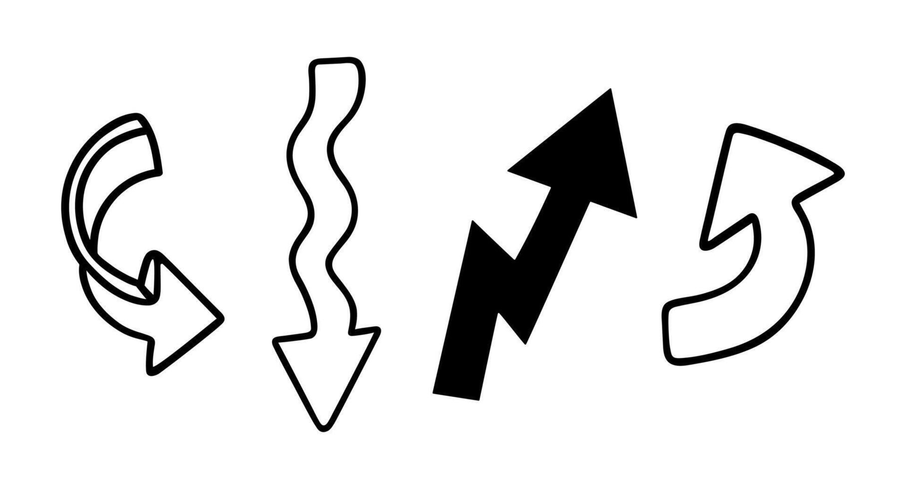 Arrows icon set. Hand drawn black and white pointer. Wavy directional sign, outline arrow pointing down, up, left, and right. Curved mark, simple sketch. Symbol for navigation, business vector