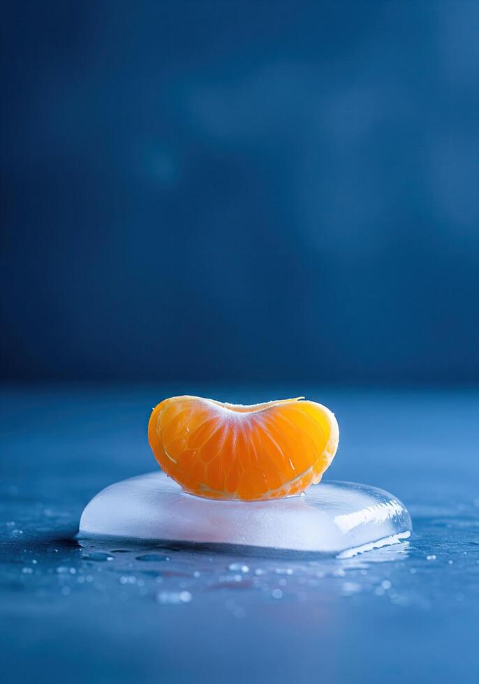Vibrant Mandarin Segment on a Melting Ice Block with a Blue Background photo