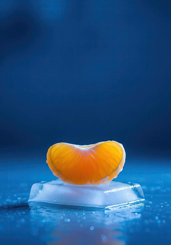 Single Fresh Tangerine Segment on a Melting Ice Block photo