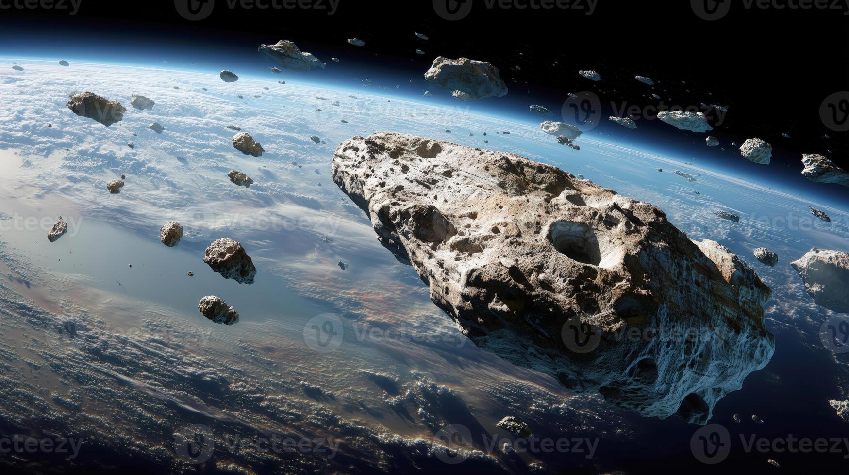 Asteroid Field in Outer Space with Earth Visible in Background photo