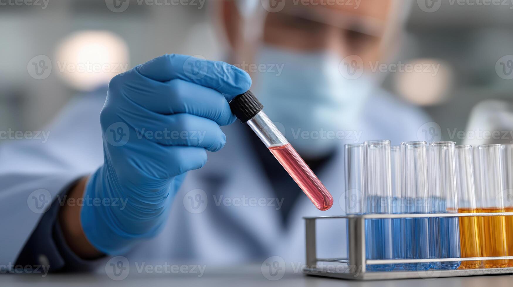 Scientist in Lab Coat Conducting Experiment with Test Tubes and Liquid photo