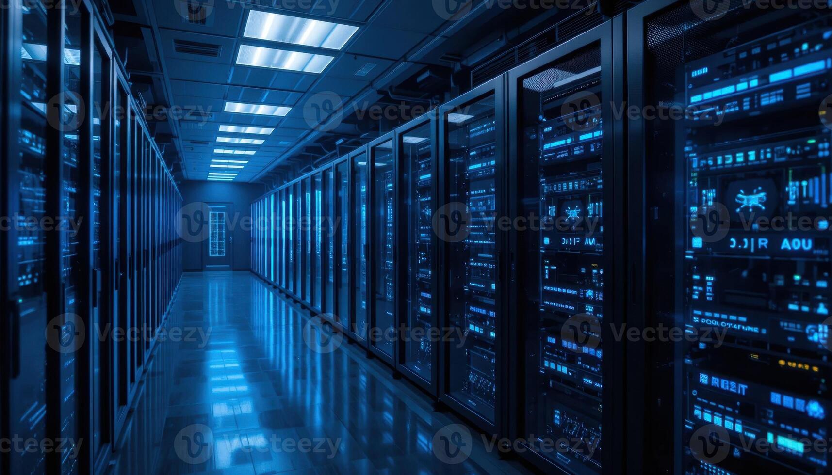 Futuristic Data Center Illuminated by Blue Lights Showcasing Advanced Technology and Network Systems photo
