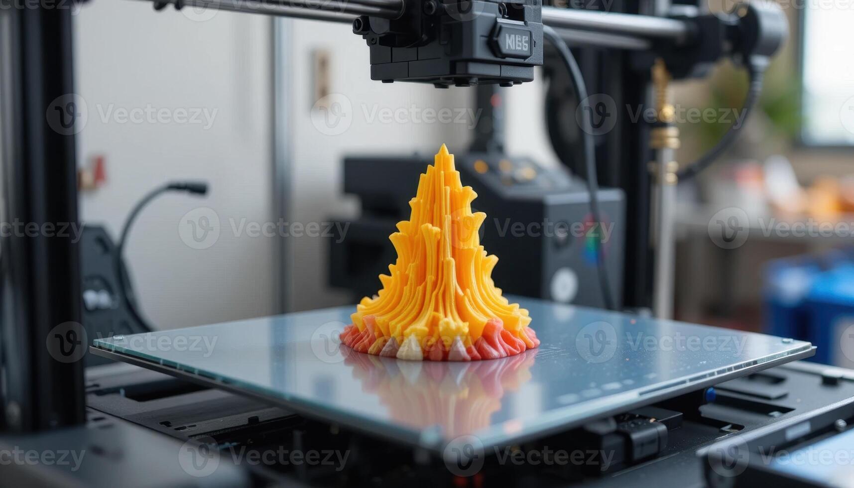 Colorful 3D Printed Sculpture Emerging From a Printer at a Modern Workspace During Daylight photo