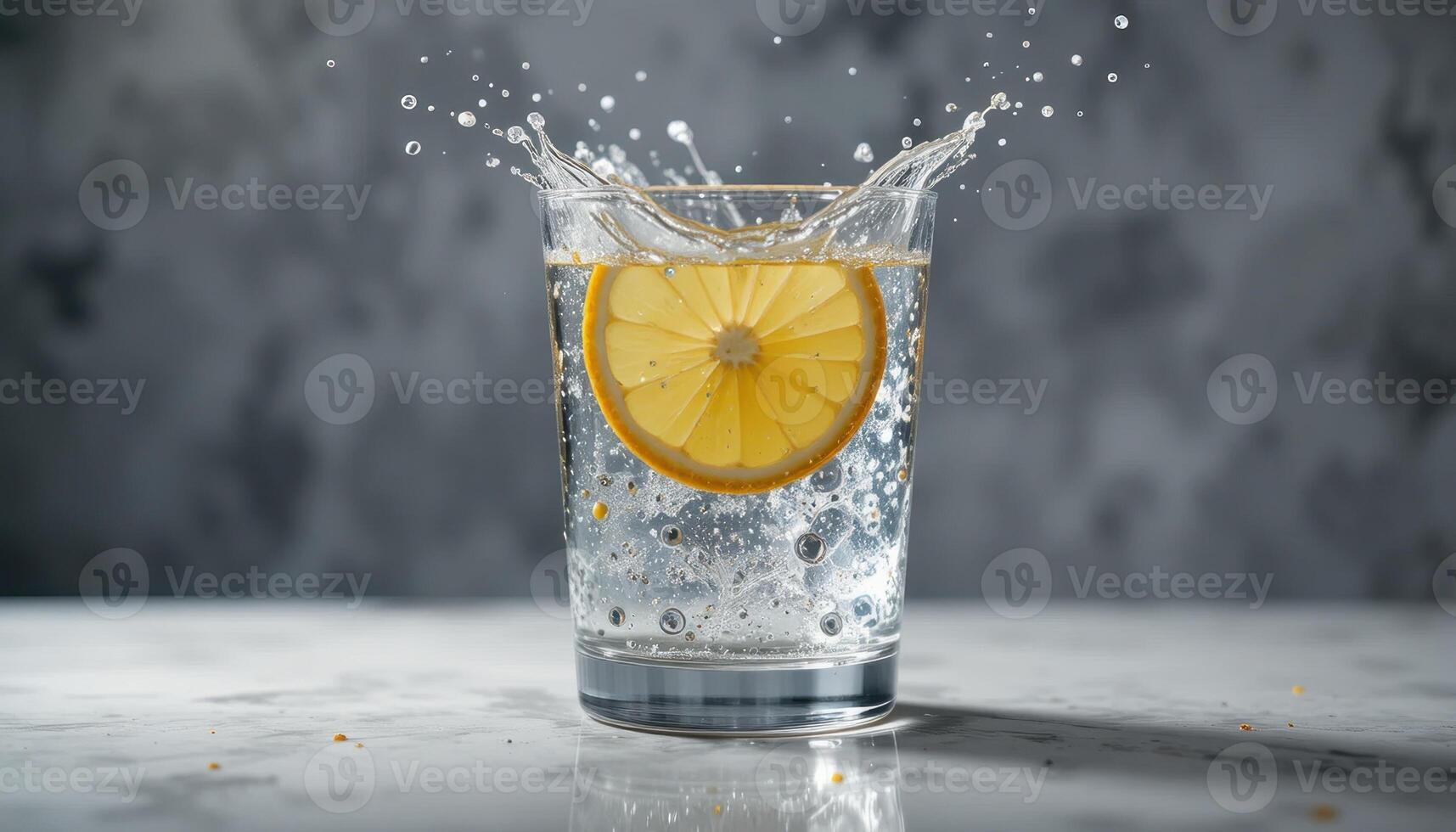 Splash of Lemon in Sparkling Water Creating Refreshing Bubbles in a Clear Glass photo