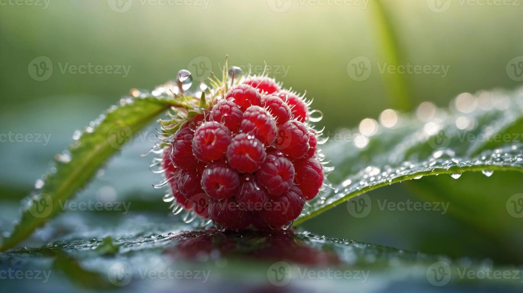 Fresh raspberry with dew drops resting on green leaves in a serene garden setting during dawn photo