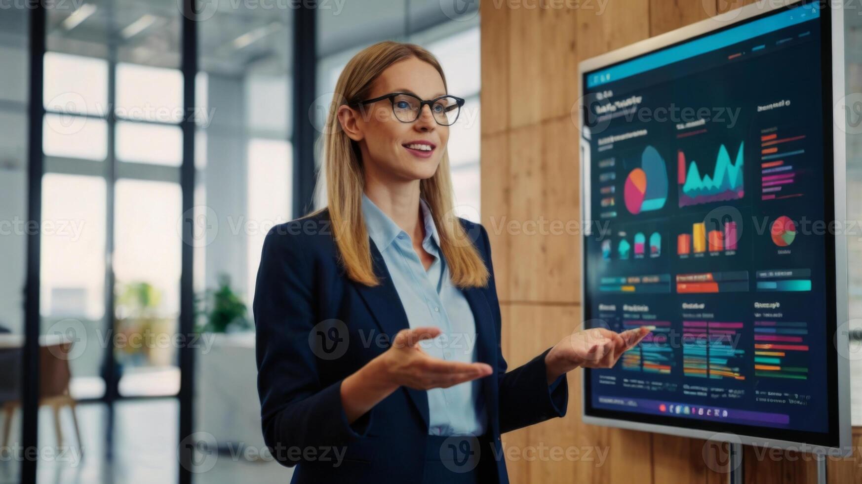 Professional woman presenting data analysis on modern display in office environment with graphs and charts for business growth photo