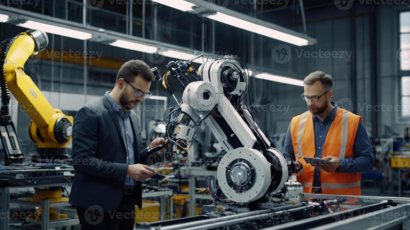 Engineers Collaborate with Advanced Robotic Arm in Modern Factory Setting for Automation and Technology Advancement photo