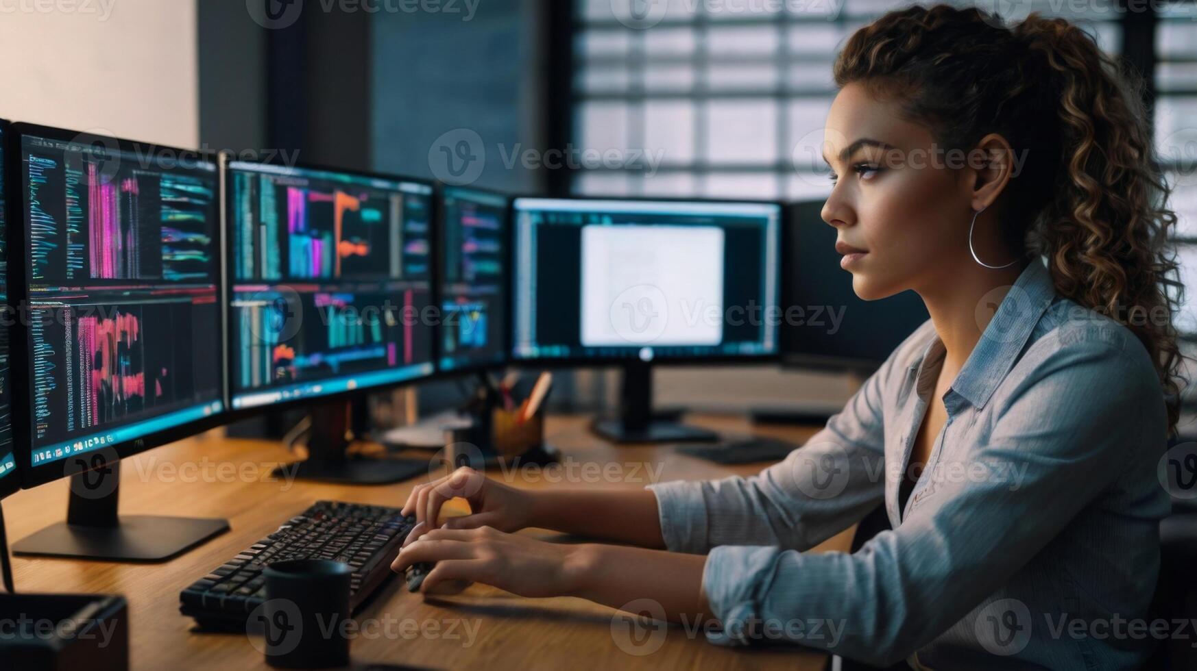 Focused Female Programmer Working Efficiently at Multi-Monitor Setup in Modern Office Environment with Colorful Data Visualization photo