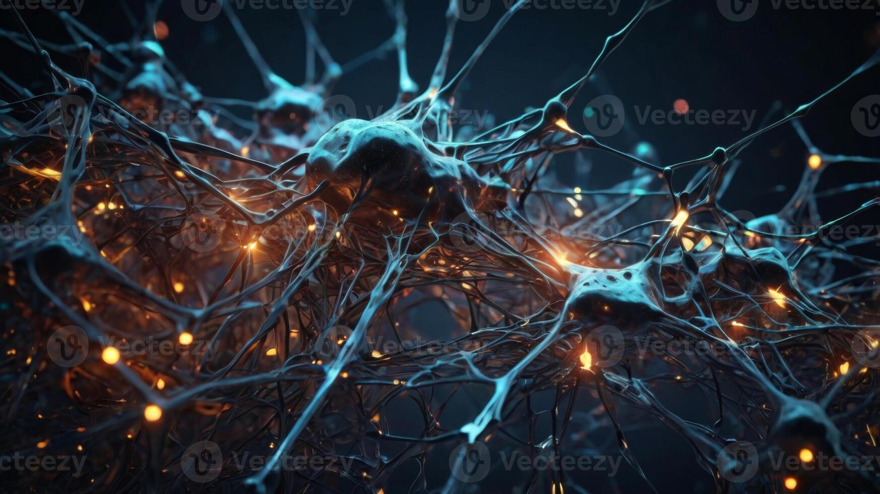 Abstract representation of interconnected neurons with glowing synapses in a dark background illustrating brain activity and connections photo