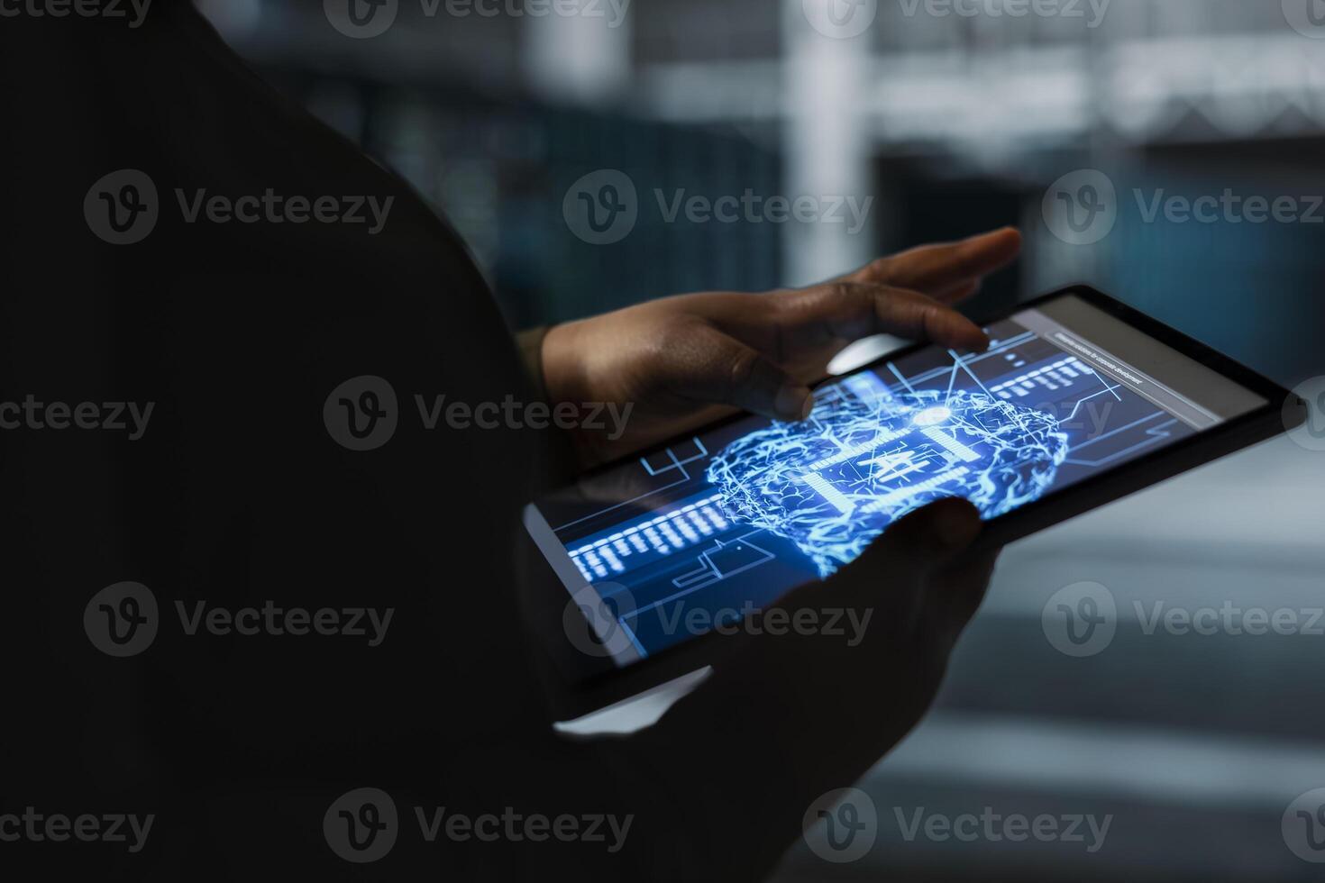 Closeup of computer scientist using AI in data center to track metrics of gear used to host websites. Server hub worker uses machine learning to upgrade rigs running companies databases photo