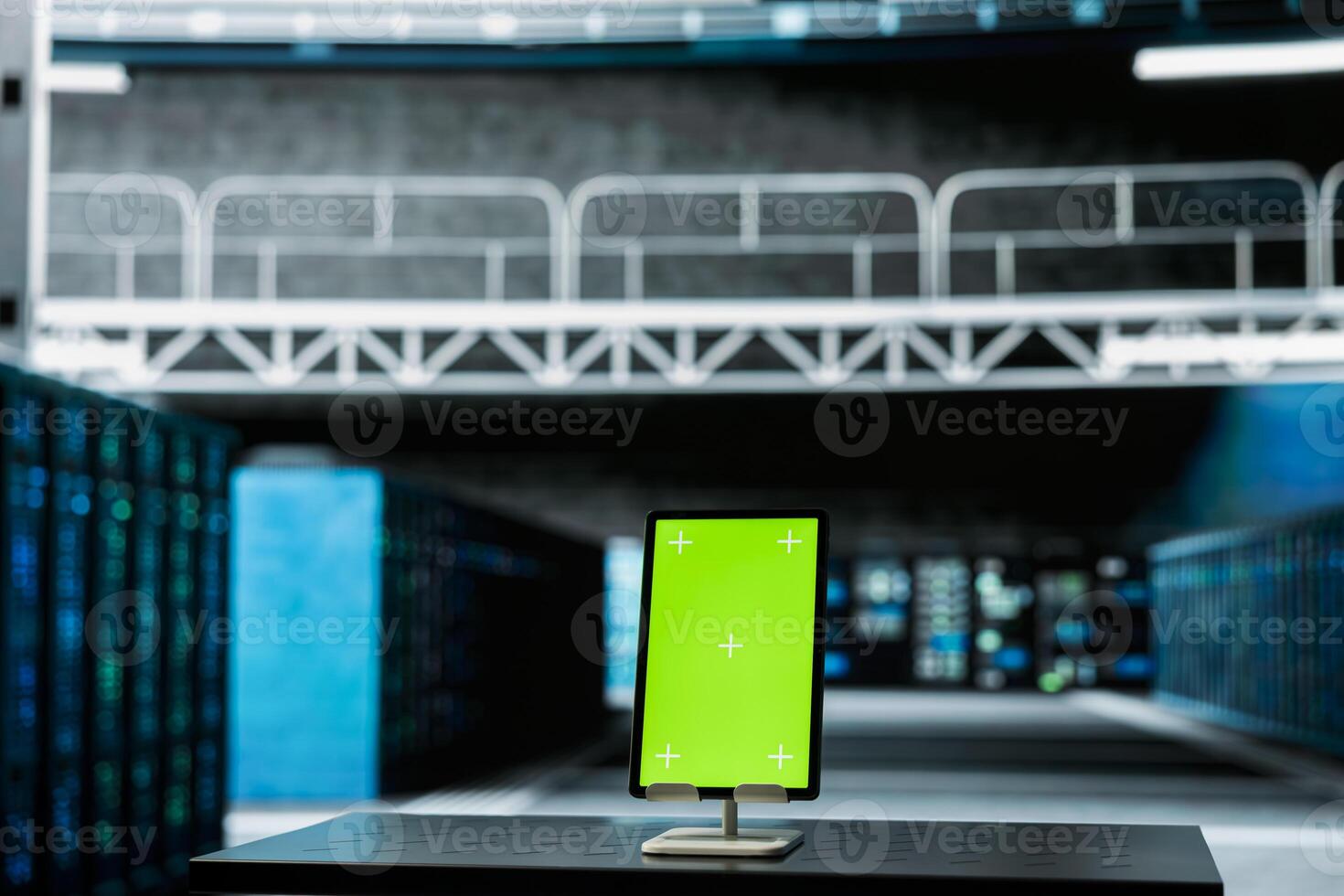 Isolated screen tablet in data center used to do checkup on supercomputers electronics. Chroma key device in server hub running software development app, resolving system bugs photo