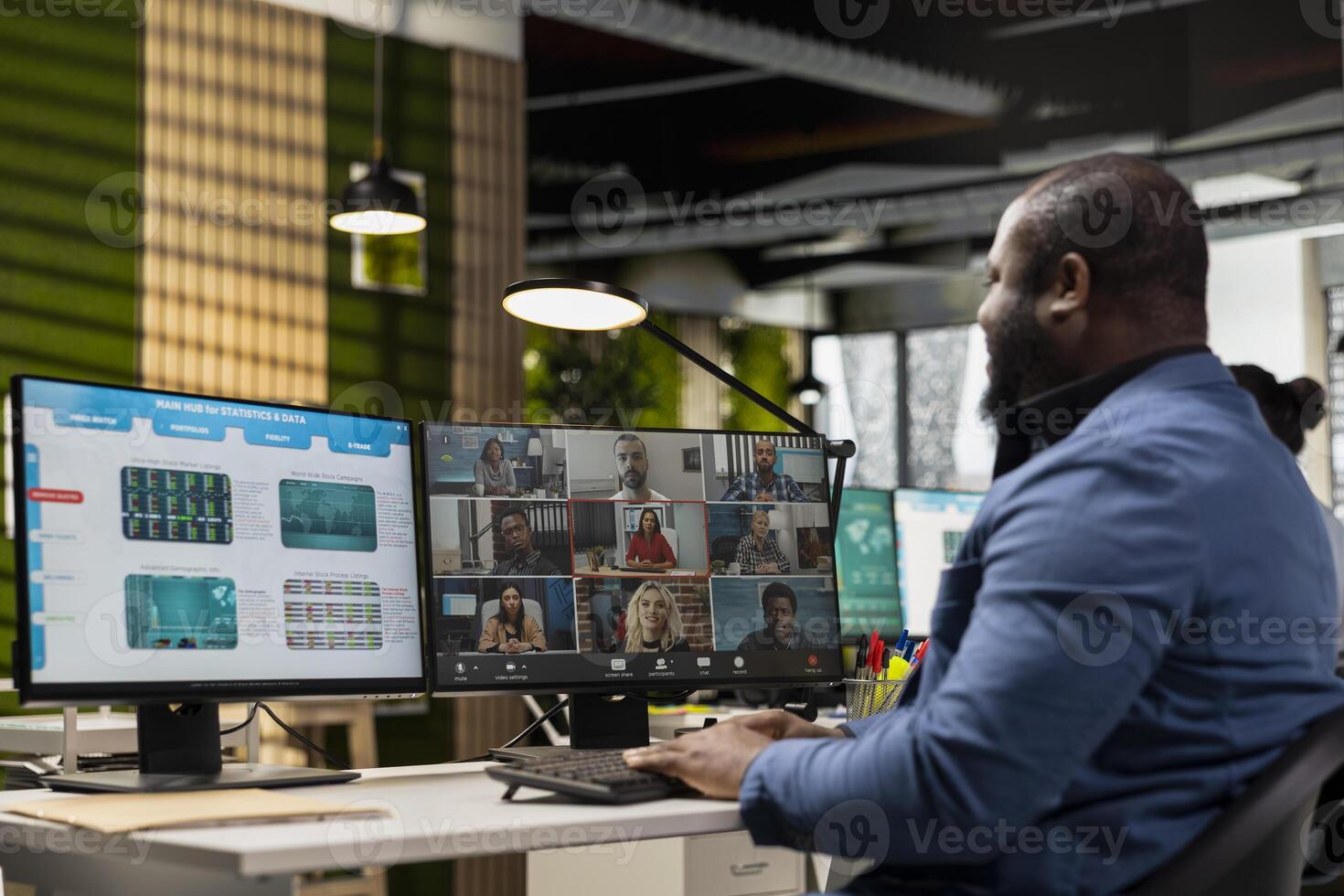 Black businessman meets on online call event to discuss project development with the shareholders, developing a fruitful partnership. Web chat conferencing for innovation. photo