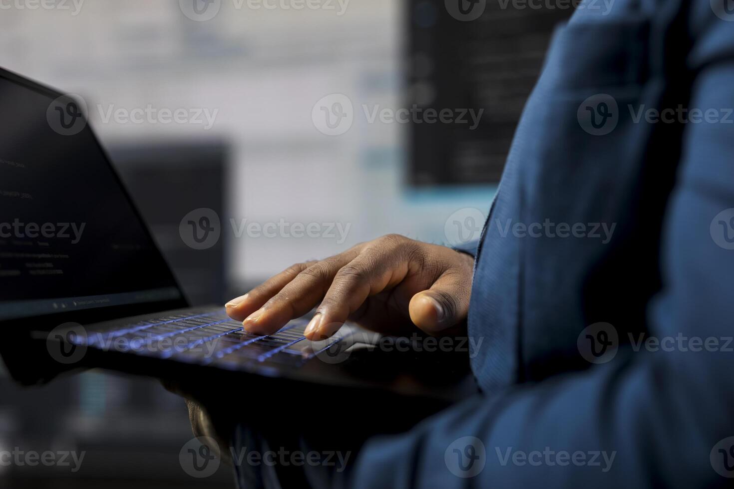 Young science expert evaluating algorithm design and binary code on a terminal window with high tech AI tools. Using programming language for automation and innovation, tech career. photo