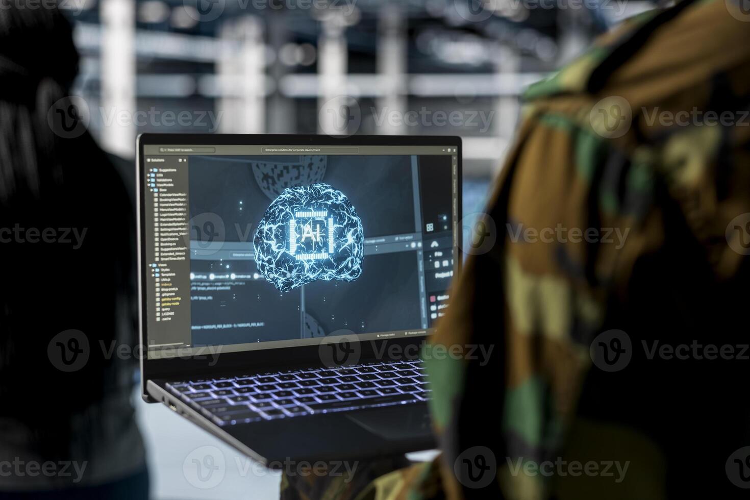 Close up of army tech expert in data center hosting large scale models for military grade AI inference. Server farm worker maintaining hardware optimized for artificial intelligence use in defense photo