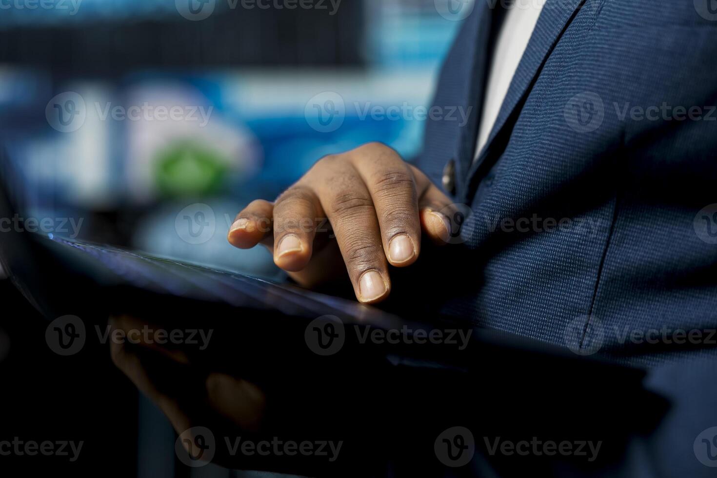 Modern concept of African American IT technician exploring artificial intelligence, showcasing machine learning algorithms, high tech neural networks and futuristic data structures. photo