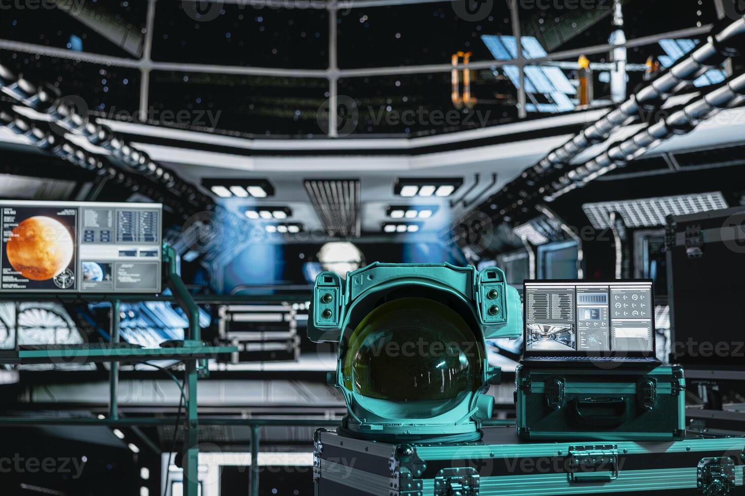 Close up of space helmet next to laptop monitor in spaceship displaying planetary scan of Mars. Notebook display in spacecraft showing red planet surface analytics data during flight photo