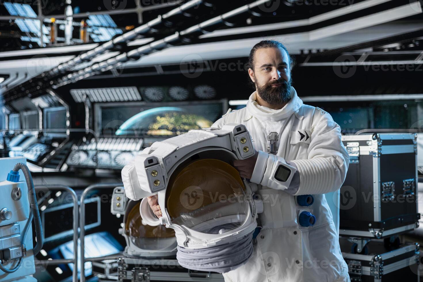 Portrait of astronaut researcher exploring deep space to report findings, holding helmet. Scientist wearing cosmonaut gear in spaceship doing research, completing scheduled science tasks photo