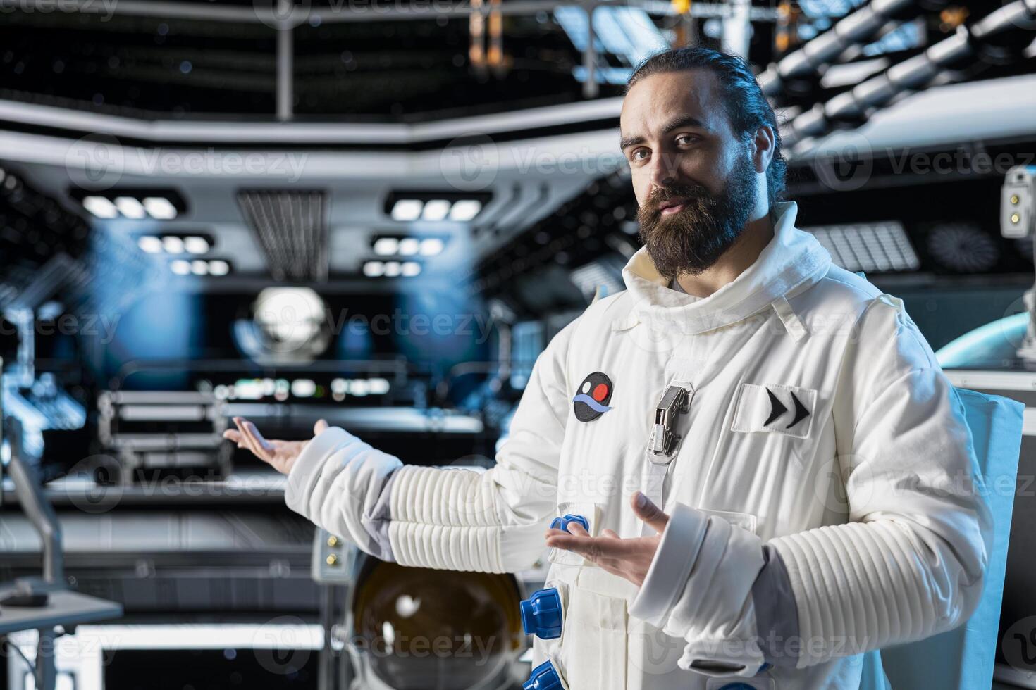 Portrait of astronaut communicating with command center on Earth during videocall from space station. Cosmonaut reports mission progress and confirms system status with ground control photo