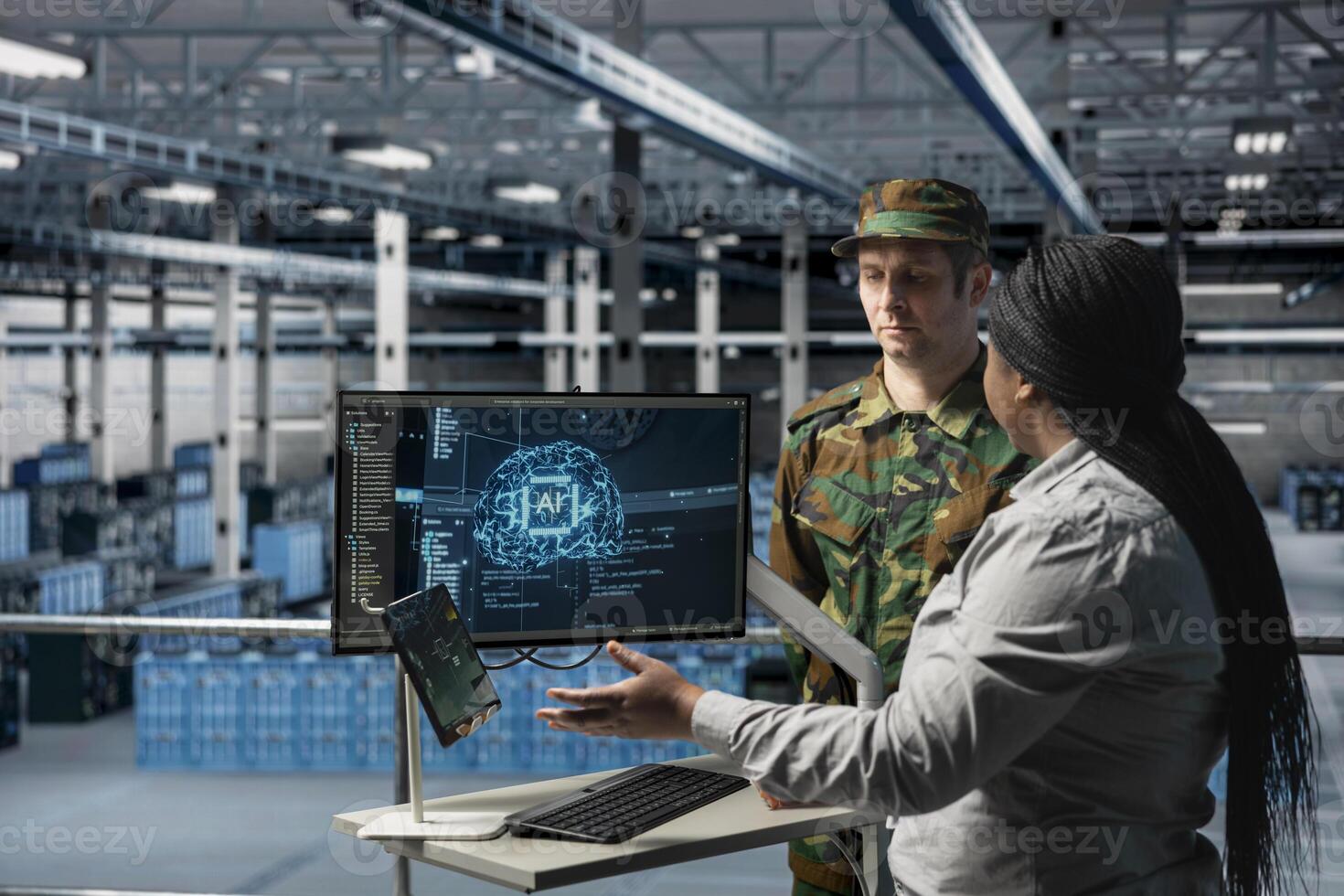 Army tech expert in data center briefing command officer with AI assisted strategic insights. Server farm workers analyzing enemy movement predictions generated by AI systems photo