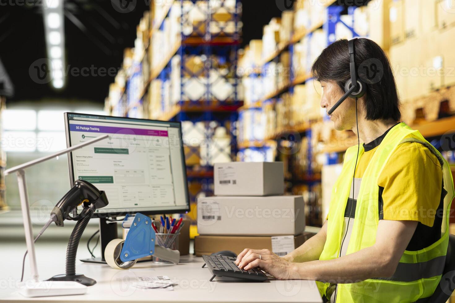 E-commerce support clerk responding to problems like lost parcels or order tracking, surrounded by cargo boxes on racks in a distribution hub. Call center operations on headset. photo