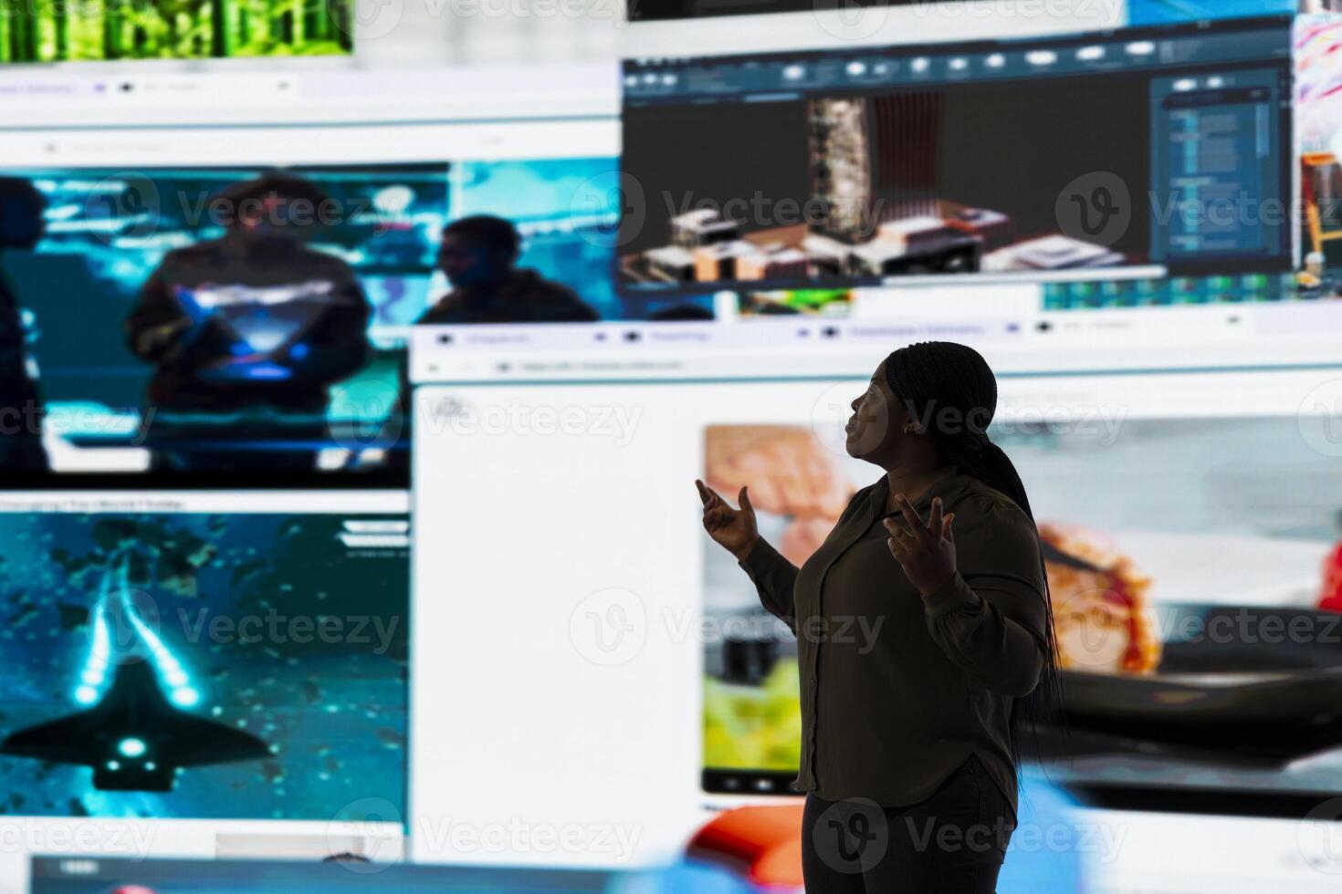 Woman in modern digital space filled with immersive technology interacts with content. Person browsing through endless stream of social media updates representing hyperconnected culture concept photo