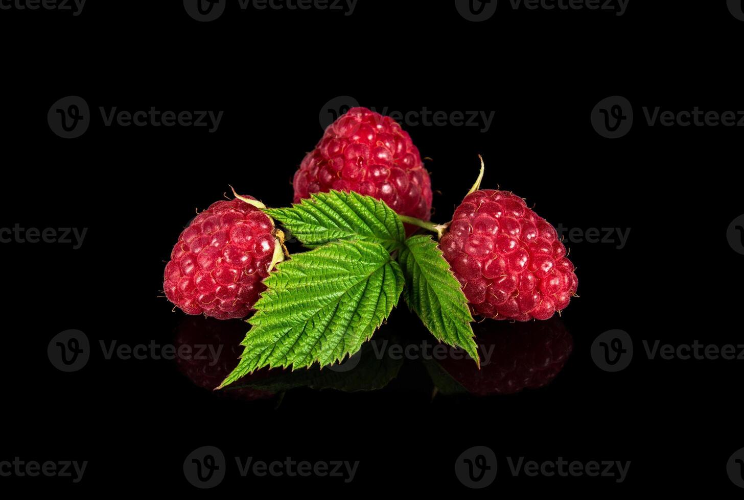 Raspberry isolated. Raspberries with leaf isolate. Raspberry with leaf isolated on black background photo