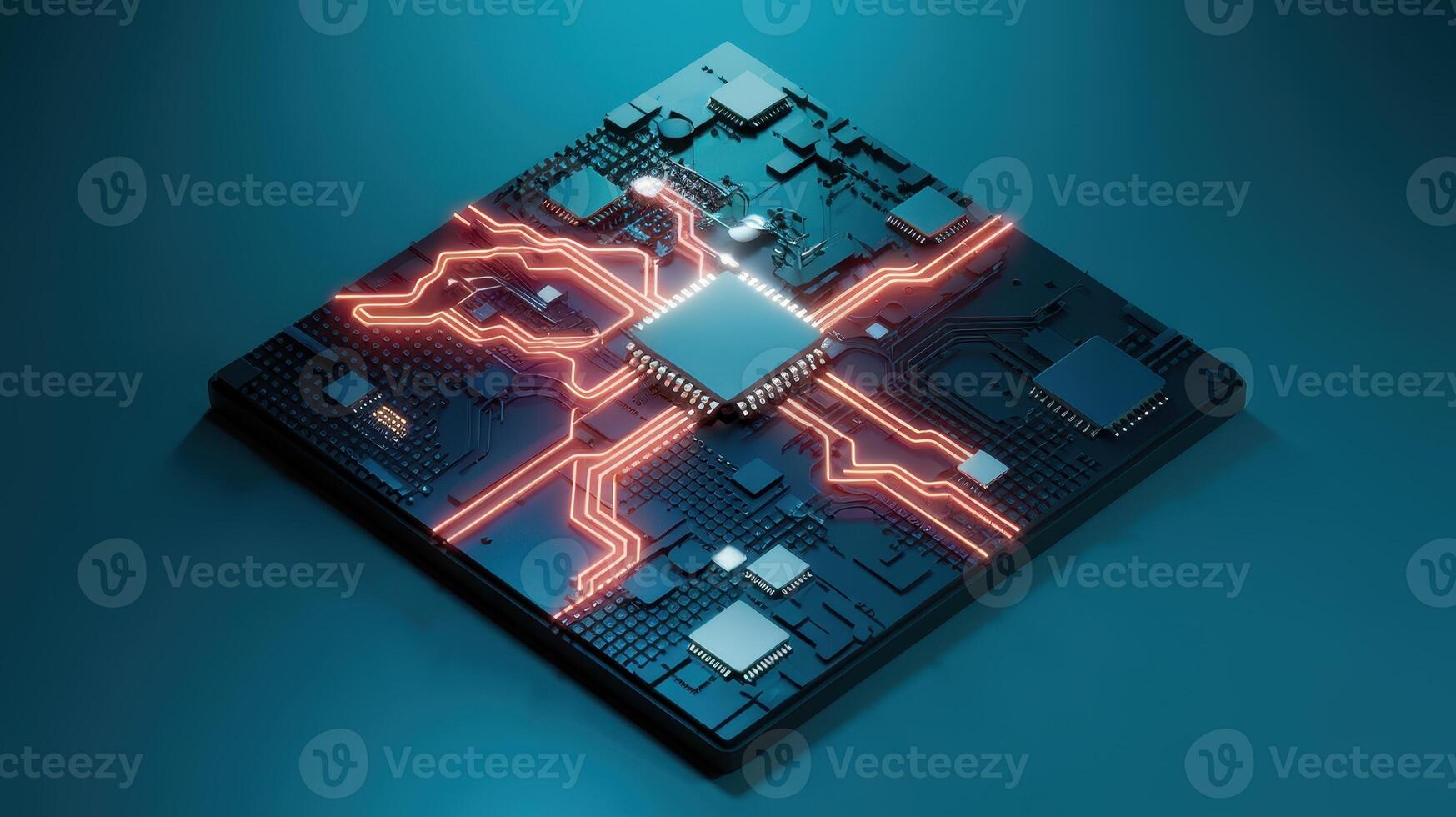 Central Processing Unit Shows Red Glowing Connection Paths on a Blue Background photo