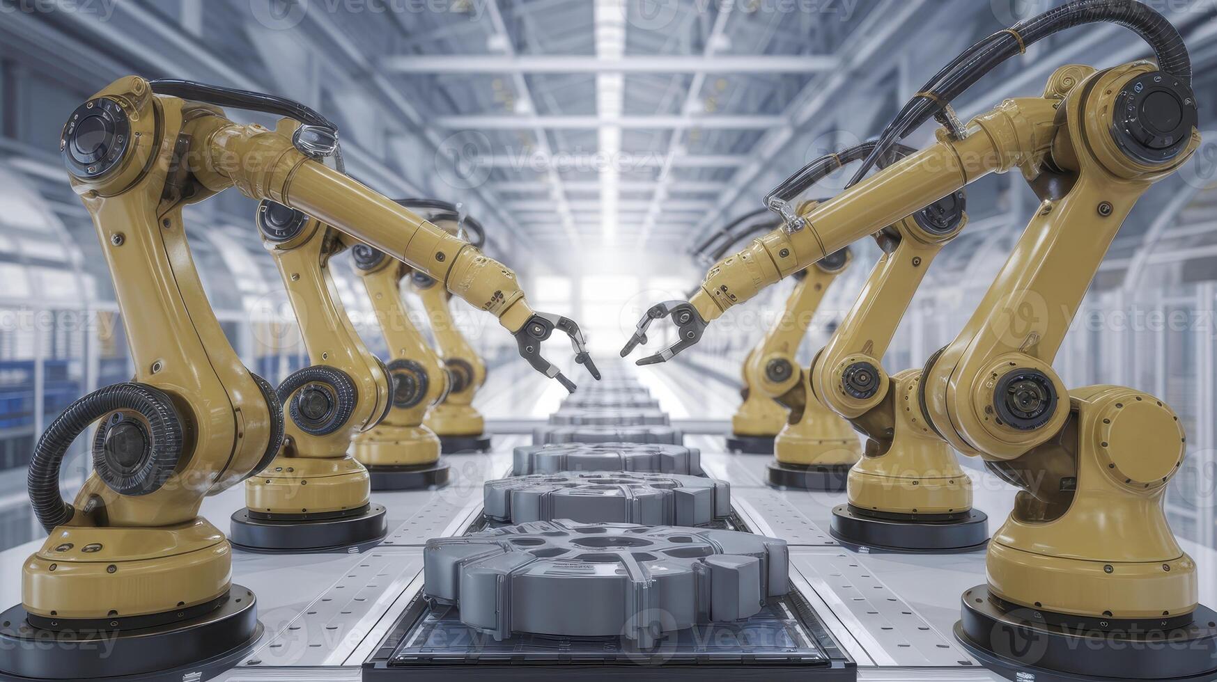 Automated Assembly Line With Yellow Industrial Robots Handling Gears in a Factory photo