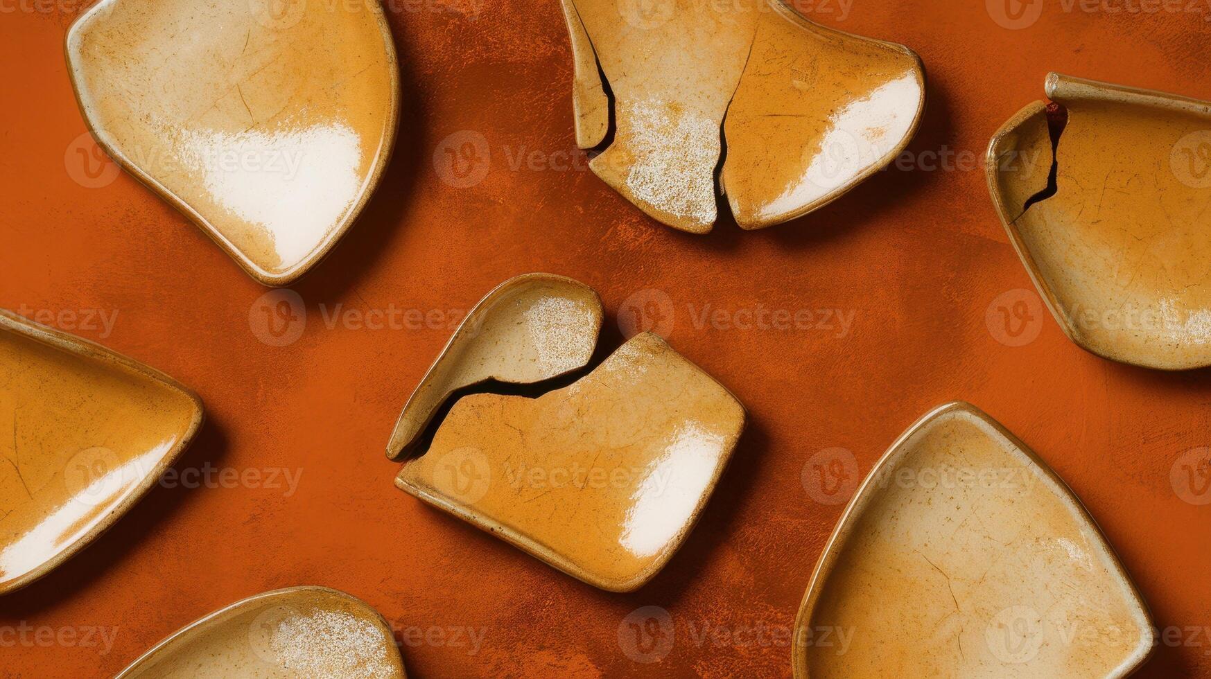 Scattered, Broken Pottery Shards on Burnt Orange Background Create Abstract Design photo