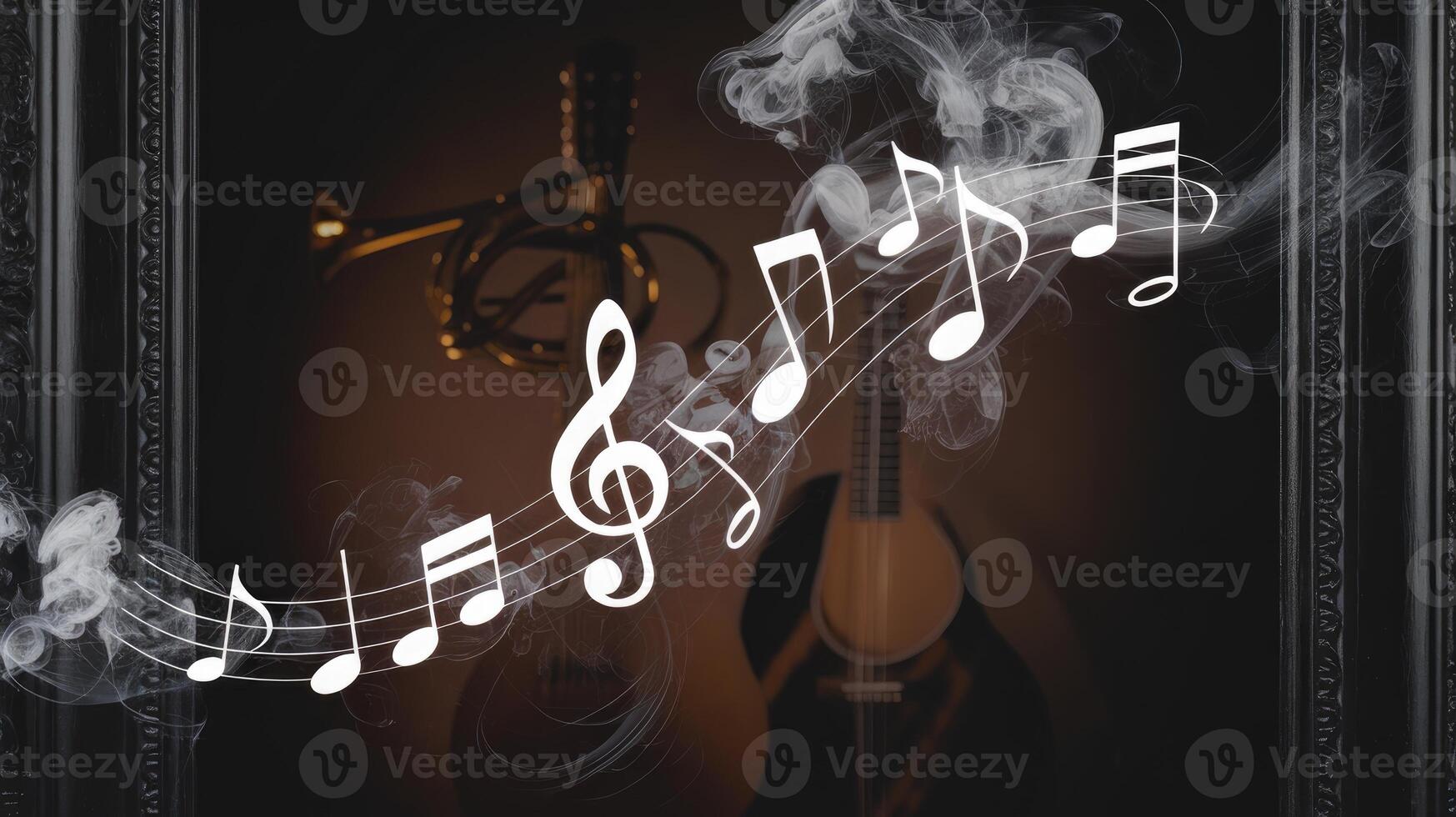 Instruments of Music Are Displayed With Notes and Smoke in a Dark Setting photo