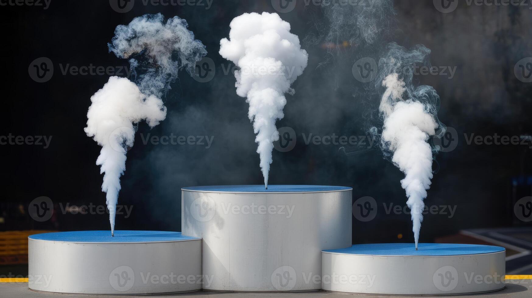 Smoke Plumes Rising From Platforms Against Dark Background Create a Visual Display photo