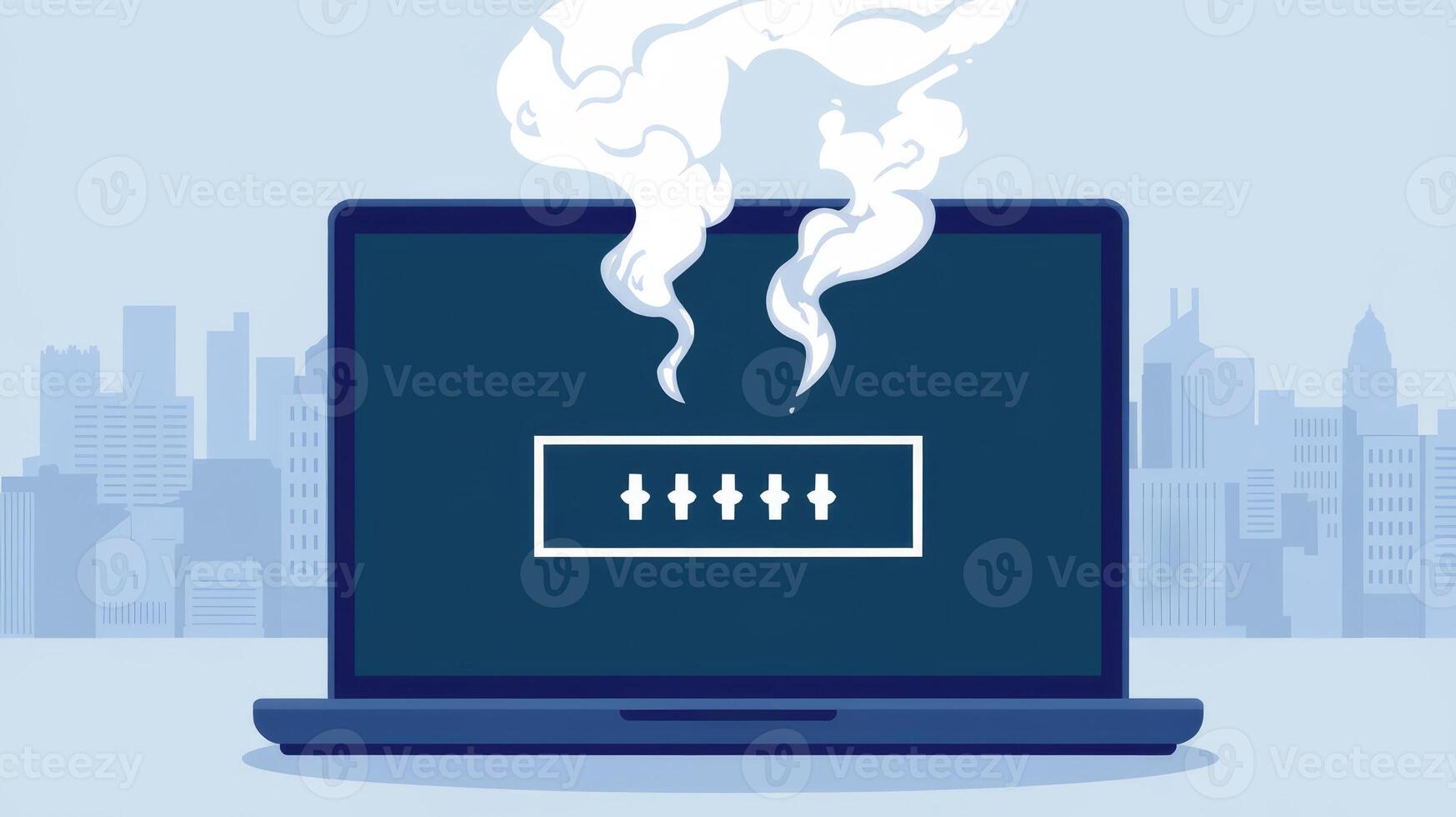 Smoking Laptop With Password Box in Front of a City Skyline, Computer Problems photo