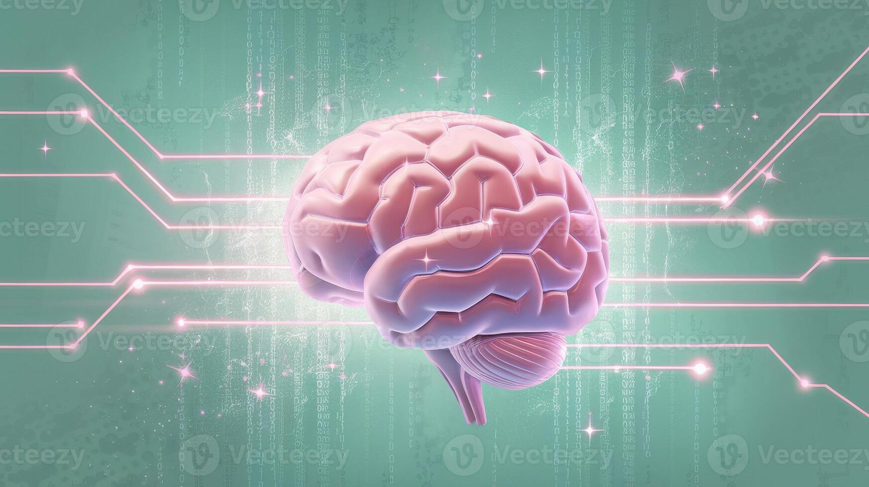 Human Brain With Neural Network and Binary Code on Light Green Background photo