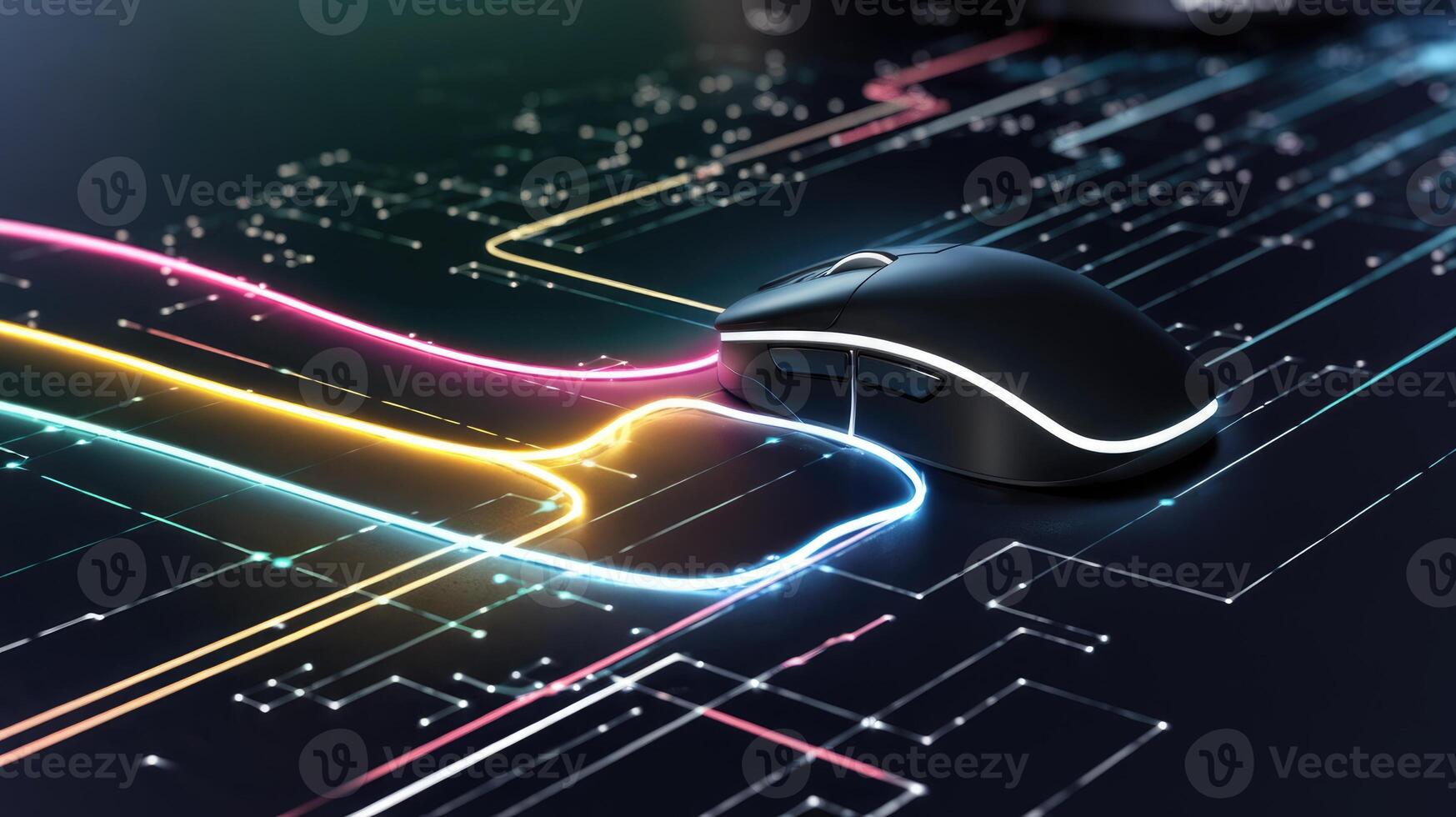 Sleek Black Computer Mouse Rests on Illuminated Circuit Board Design photo