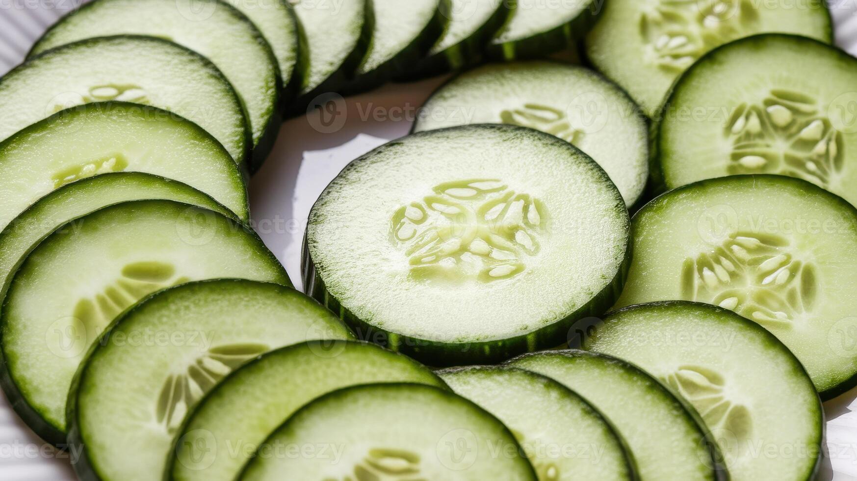 Arrangement of Many Fresh Cucumber Slices in a Circular Pattern, Close up View photo