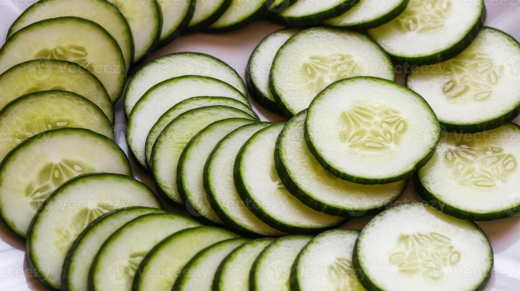 Cucumber Slices Arranged on a White Plate Forming a Swirl Pattern photo
