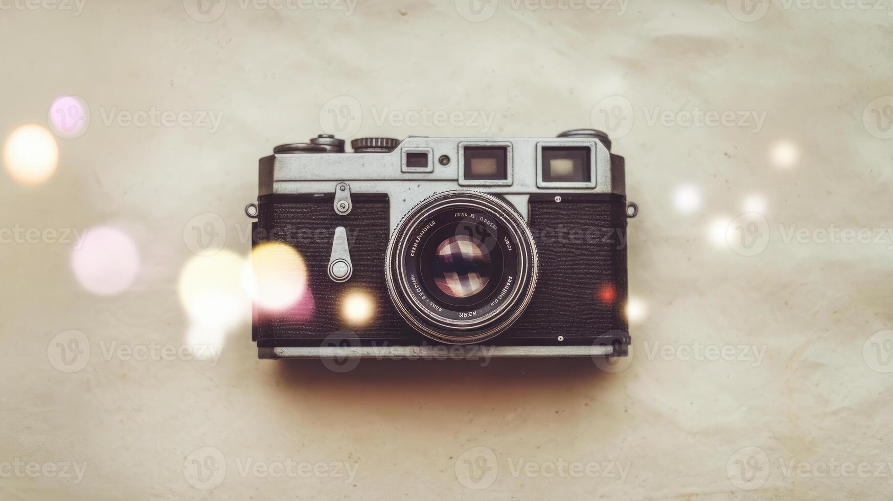 Old Camera Sits Flat on a Light Surface, With Soft Bokeh Light Effects Around It photo