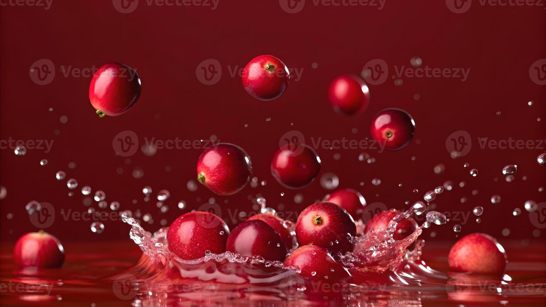 Red cranberries splash in water with droplets creating a vibrant scene in a dramatic setting photo