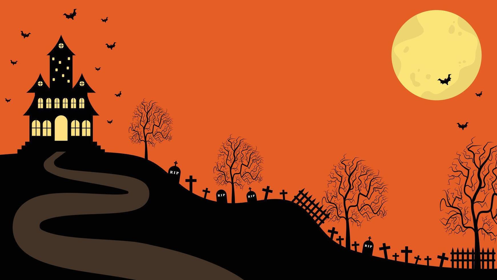 A Spooky Castle On A Hill Surrounded By Graves And Dead Trees With A Full Moon In The Background vector
