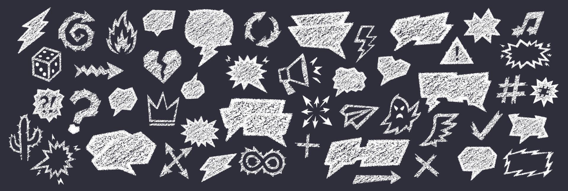 Crayon talk speech bubble with crayon text box and doodle chalk balloon icons in hand drawn style. Crayon talk set includes arrows, clouds, symbols and comic chat frames. vector