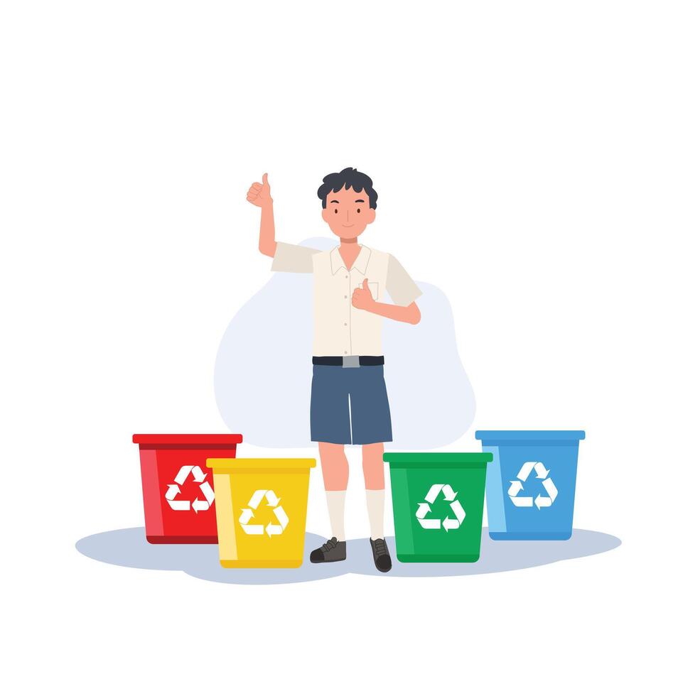 Kids with recycling garbage. boy is giving thumb up while explaining about the color of recycle bin. vector