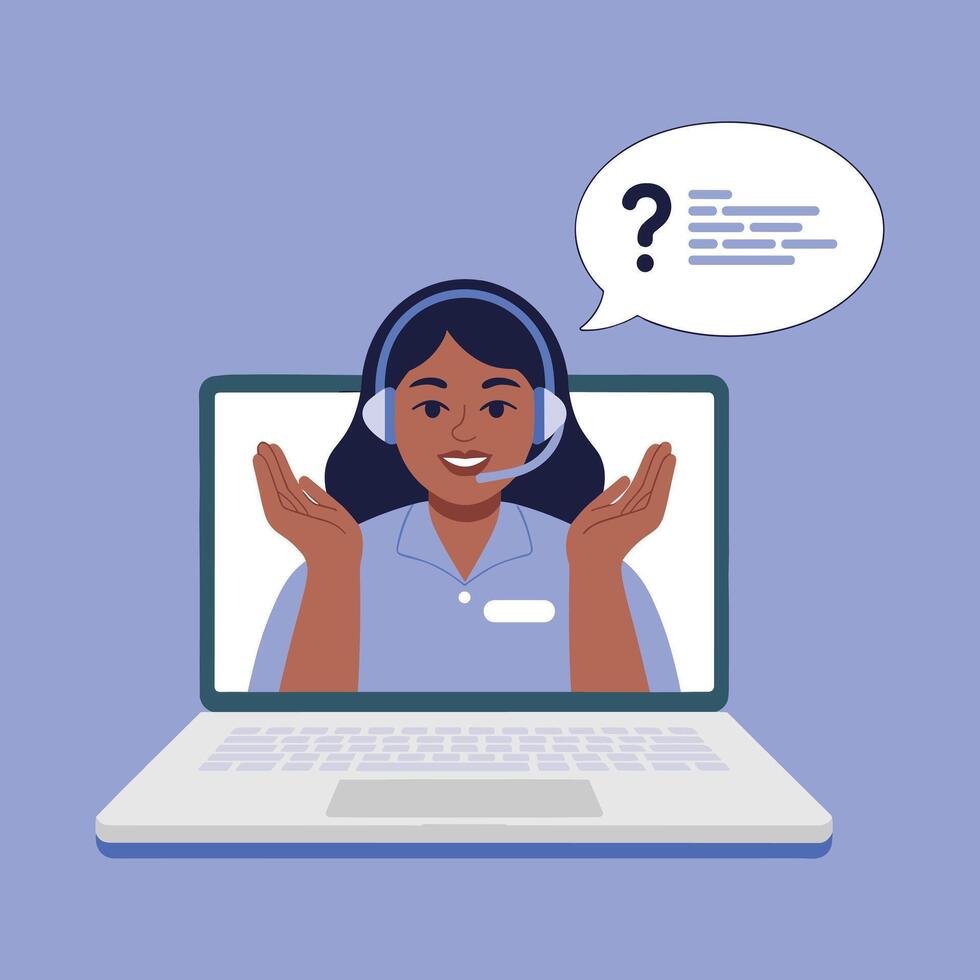 Customer service representative with headset on laptop screen asking for help Keywords, customer vector