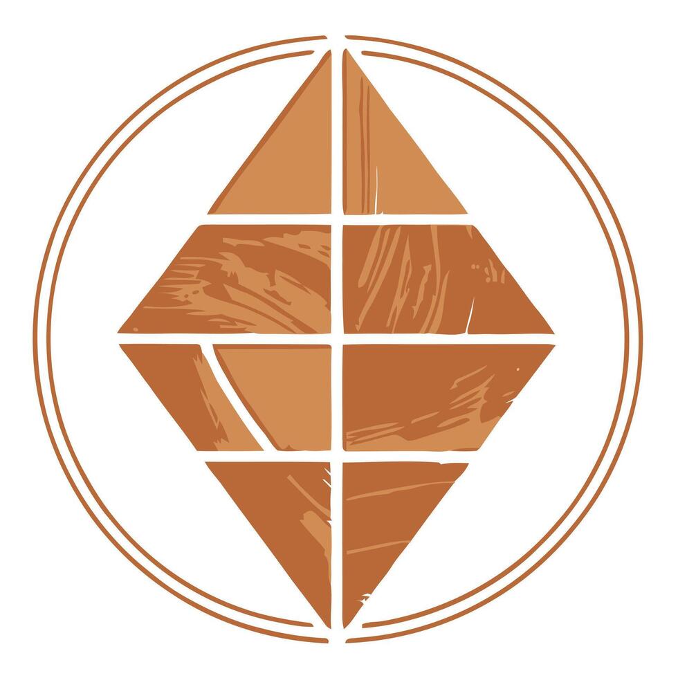 Modern abstract diamond shape composed of textured wood panels within a double circular outline vector