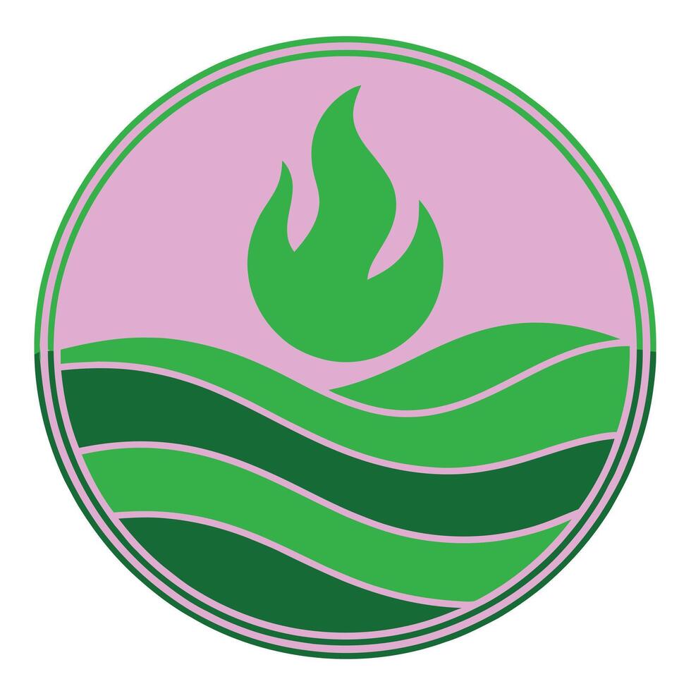 Dynamic circular icon featuring a green flame rising above wavy green fields set against a pink background vector