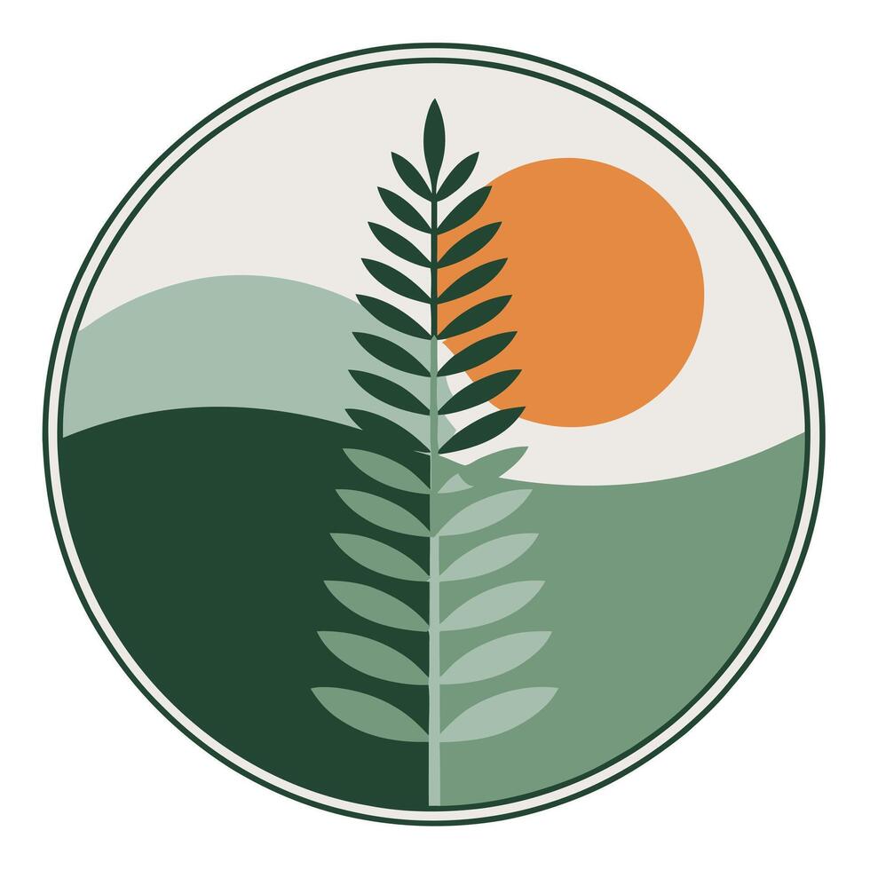 Minimalist evergreen leaf combined with mountains and sun, all within a circular frame vector