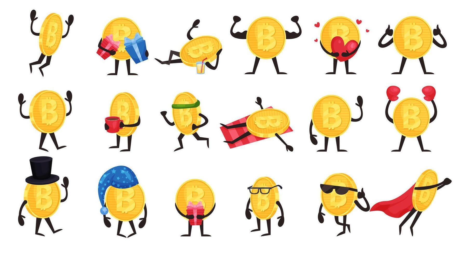 Golden Bitcoin Humanized Character Engaged in Different Activity Set vector