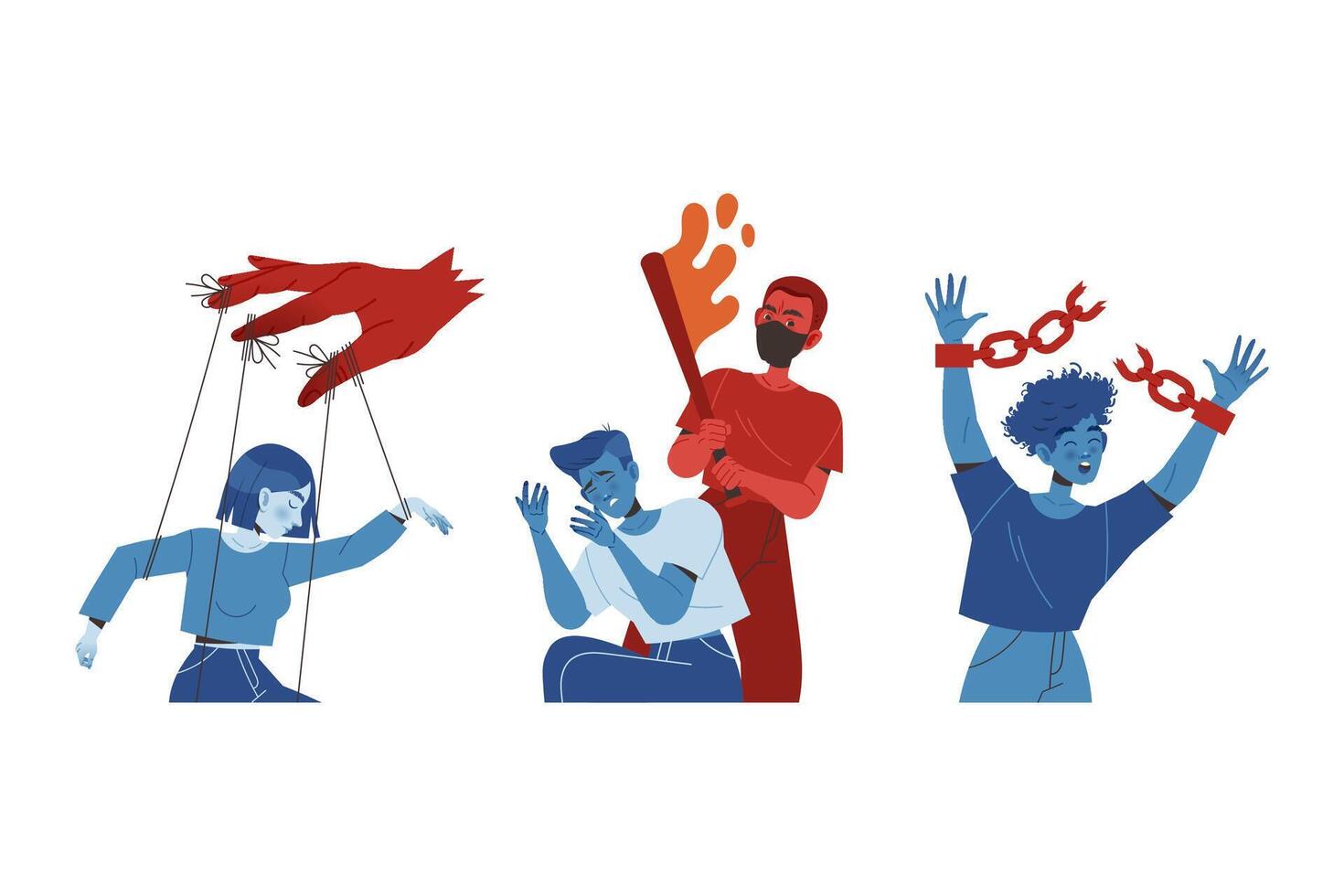 Man Aggressor Beating Victim with Bat and Pulling Strings Manipulating Set vector